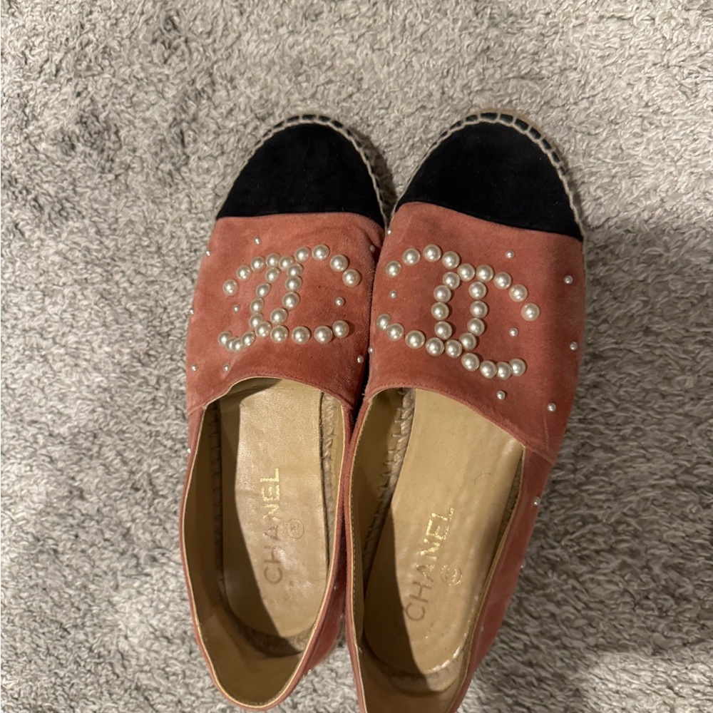 CHANEL Pearl Embellished Pink and Black Espadrilles